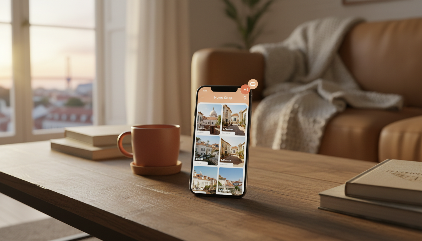 smartphone screen showing a home exchange app with multiple property listings in Lisbon, notificatio