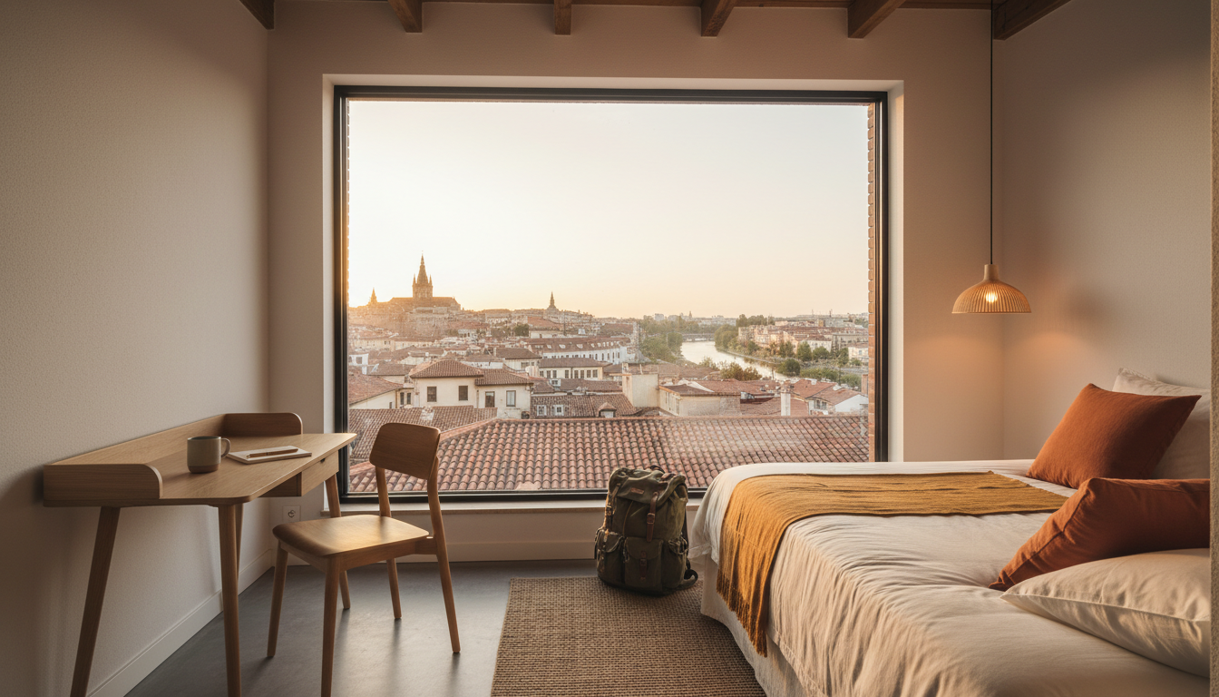 modern hostel private room with minimalist design, large window overlooking European cityscape, smal