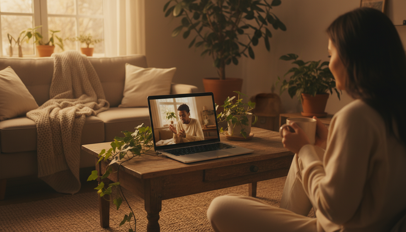 two people video chatting on laptop, one appearing apologetic, warm lighting suggesting evening conv