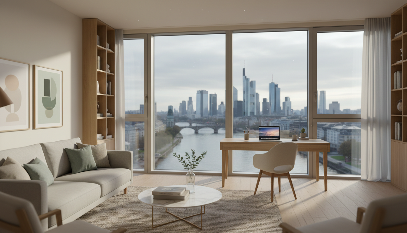 Modern Frankfurt apartment interior with floor-to-ceiling windows overlooking the Main River, minima