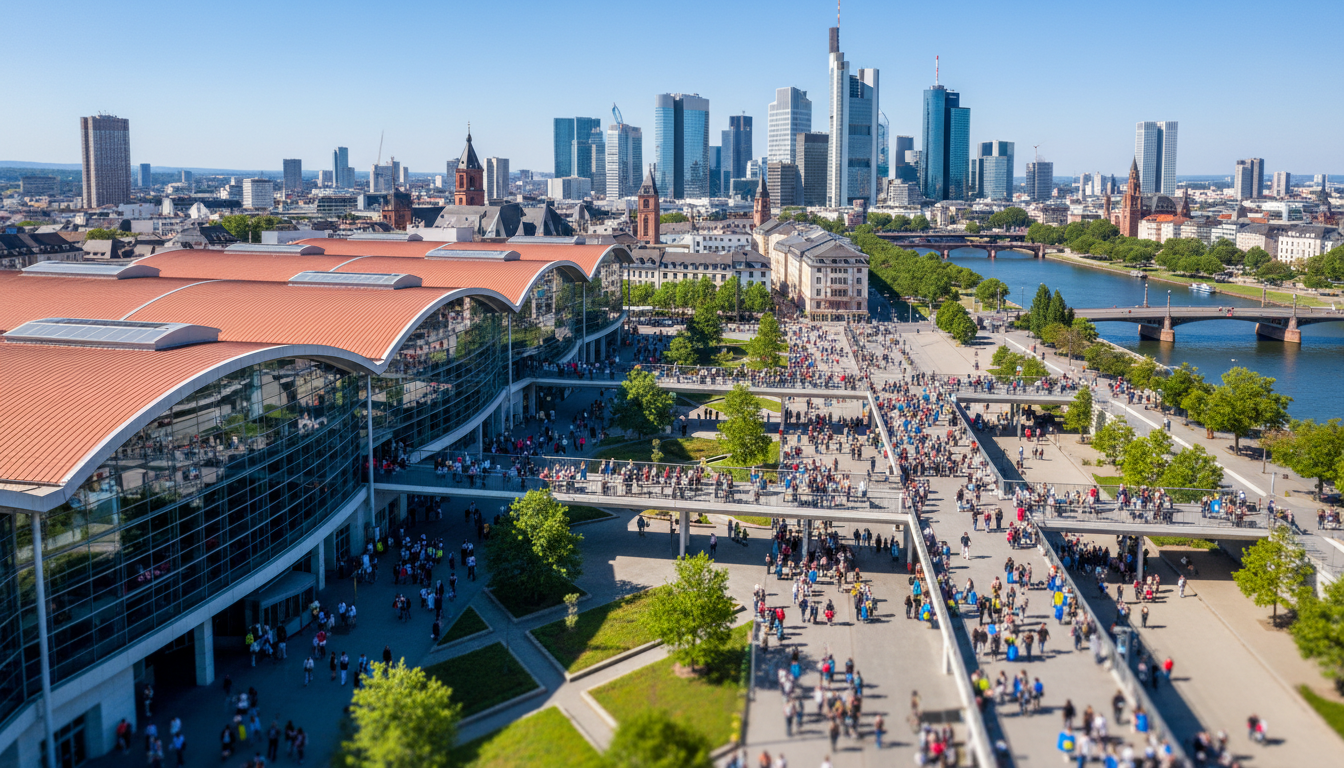 Aerial view of Messe Frankfurt exhibition grounds with modern architecture, crowds of visitors, and