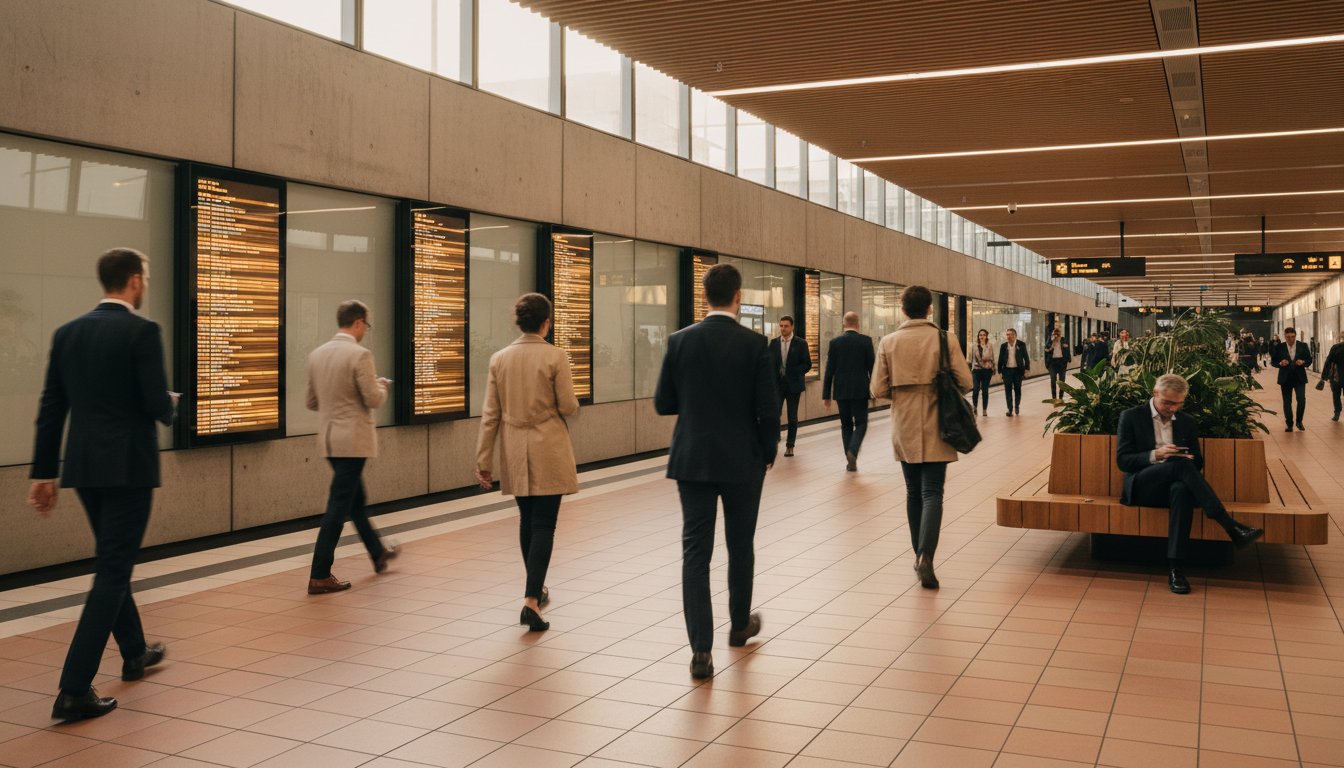 Frankfurt U-Bahn station with clean modern design, digital departure boards, and commuters in busine