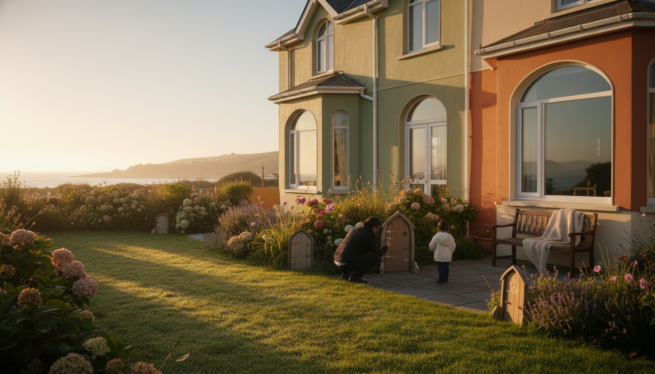 A colorful terraced house in Salthill with a small garden featuring whimsical fairy doors among the