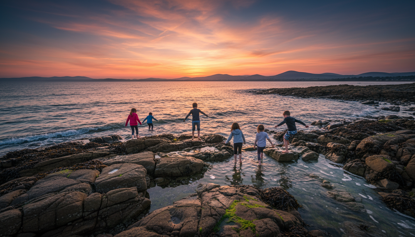 Children playing on the rocky shore at Salthill beach with the Galway Bay waters stretching to the h