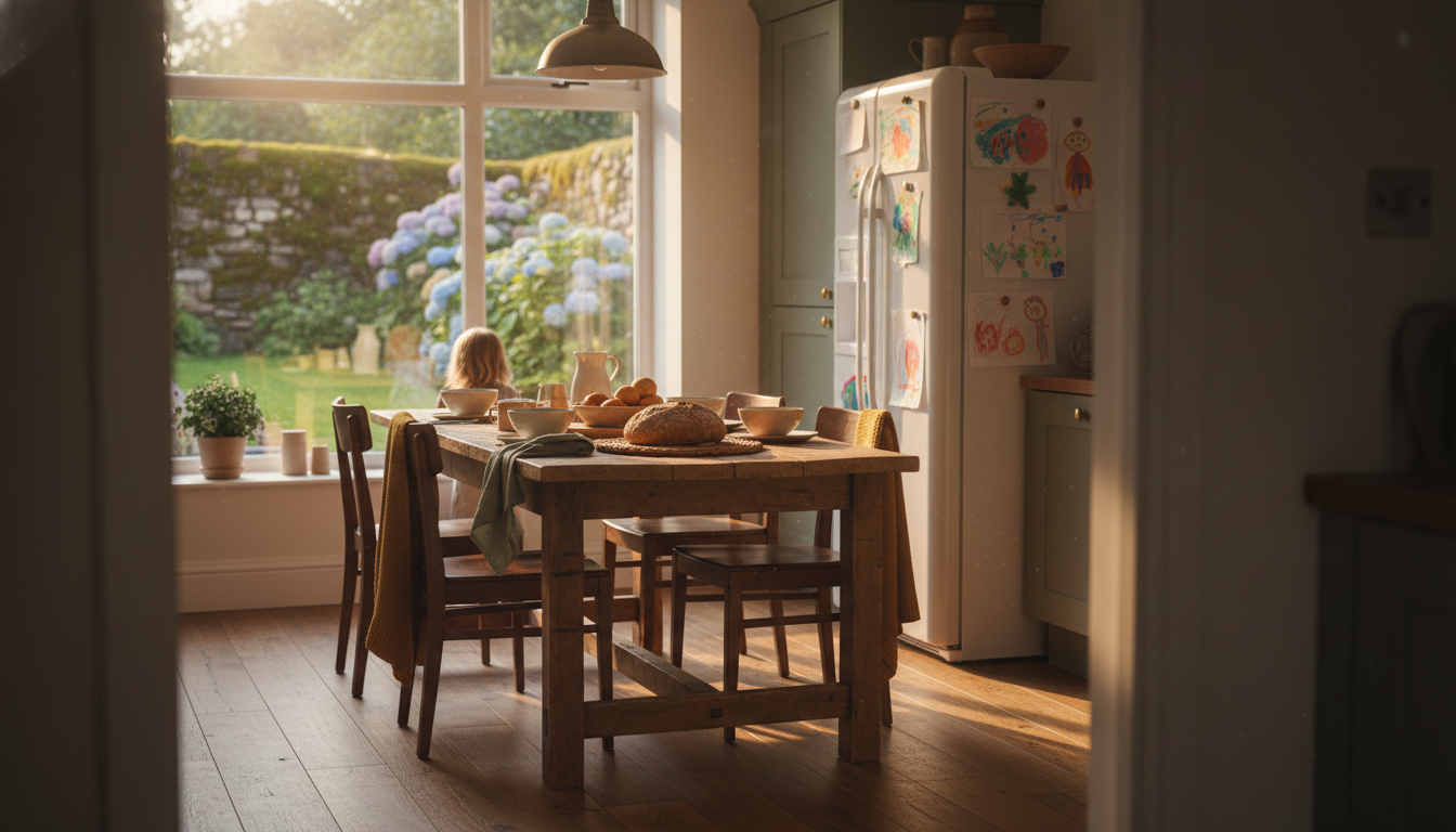 A bright, modern Irish kitchen with a wooden table set for breakfast, childrens drawings on the frid