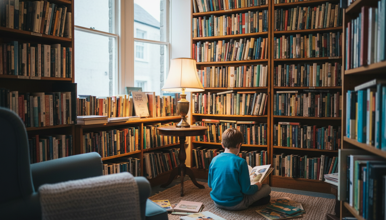 A cozy corner of Charlie Byrnes Bookshop with towering shelves of colorful used books, warm lampligh