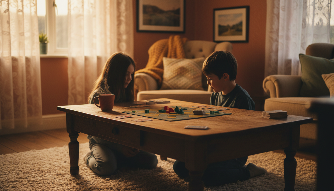 Two children playing a board game at a wooden coffee table in a cozy Irish living room, evening ligh