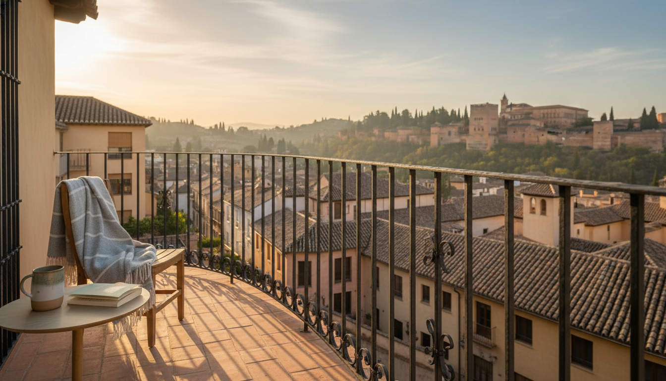 Golden hour light spilling through a wrought-iron balcony in Granadas Albaicn neighborhood, with the