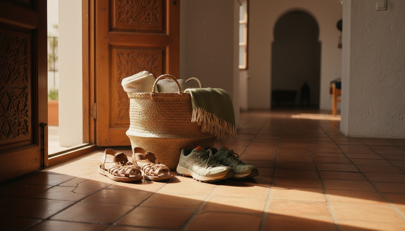 Worn leather sandals and trail runners sitting on a terracotta tile floor next to a woven basket, mo