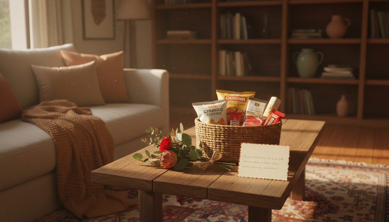A tidy living room with a welcome basket on the coffee table containing local snacks, a handwritten
