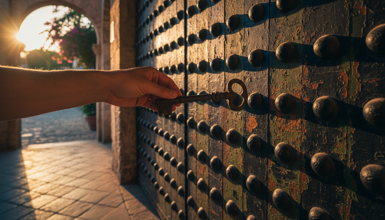 A hand holding an old iron key in front of a weathered wooden door with decorative metal studs, typi