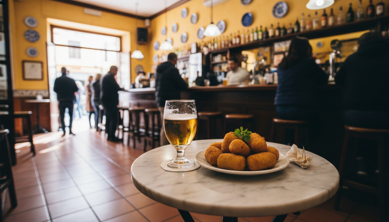 A small marble-topped bar table with a caa of beer and a plate of jamn croquetas, the warm interior