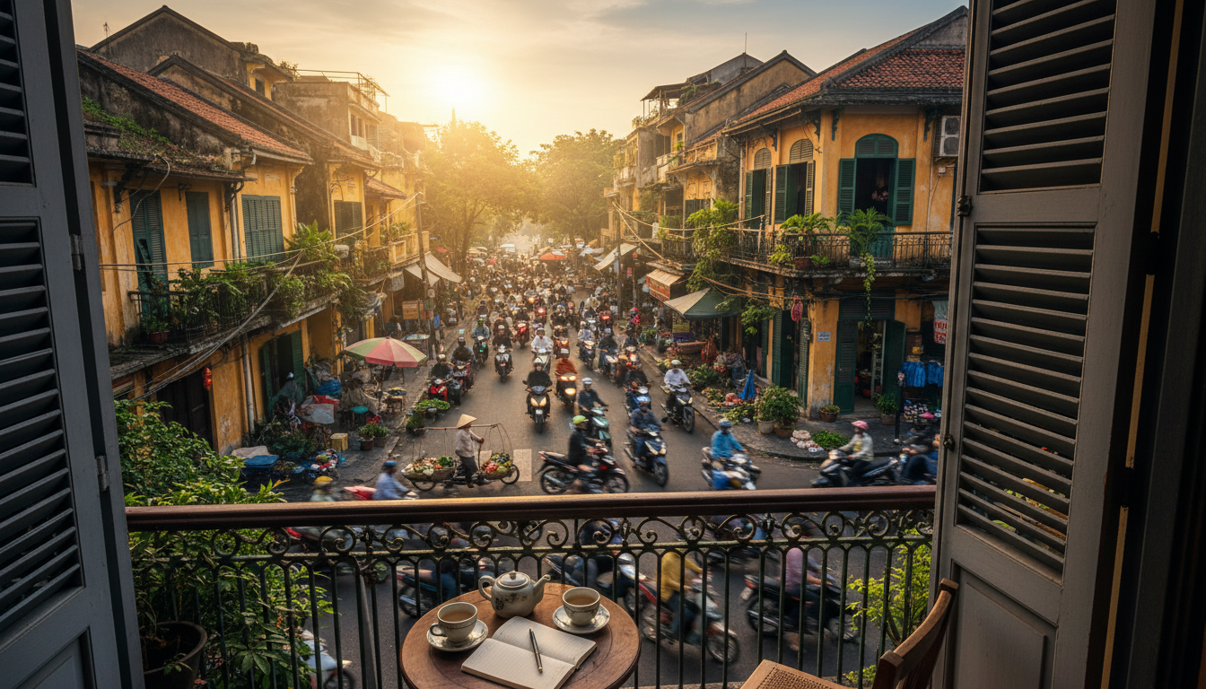 Early morning view from a French colonial-era apartment balcony in Hanois Old Quarter, showing motor