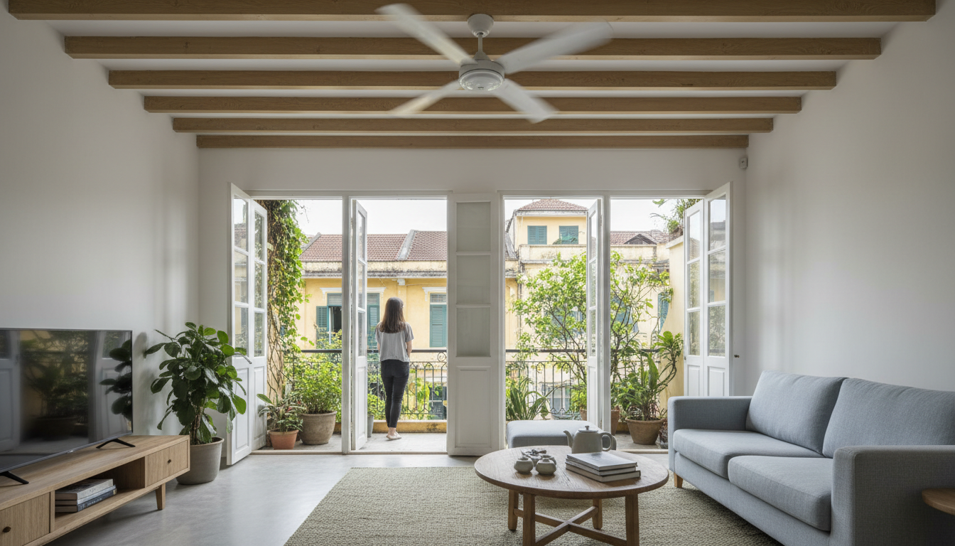 Interior of a bright, airy Hanoi apartment with high ceilings, a ceiling fan spinning lazily, and a