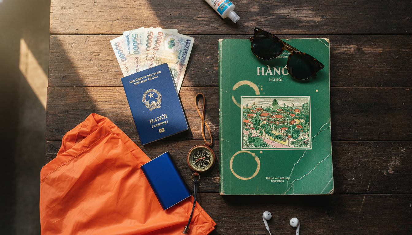 Flat lay of travel essentials on a wooden tablepassport, Vietnamese dong bills, a small power bank,
