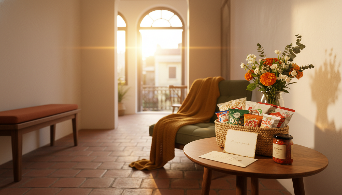 A cozy apartment entryway with a small table holding a welcome basketlocal snacks, a handwritten car