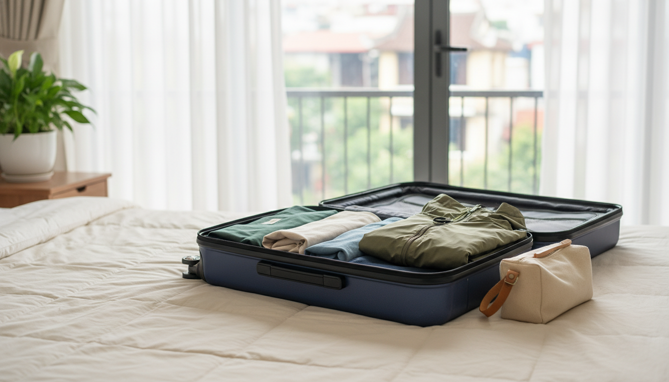 A minimalist packing scenea small carry-on suitcase open on a bed, with neatly rolled clothes, a rai