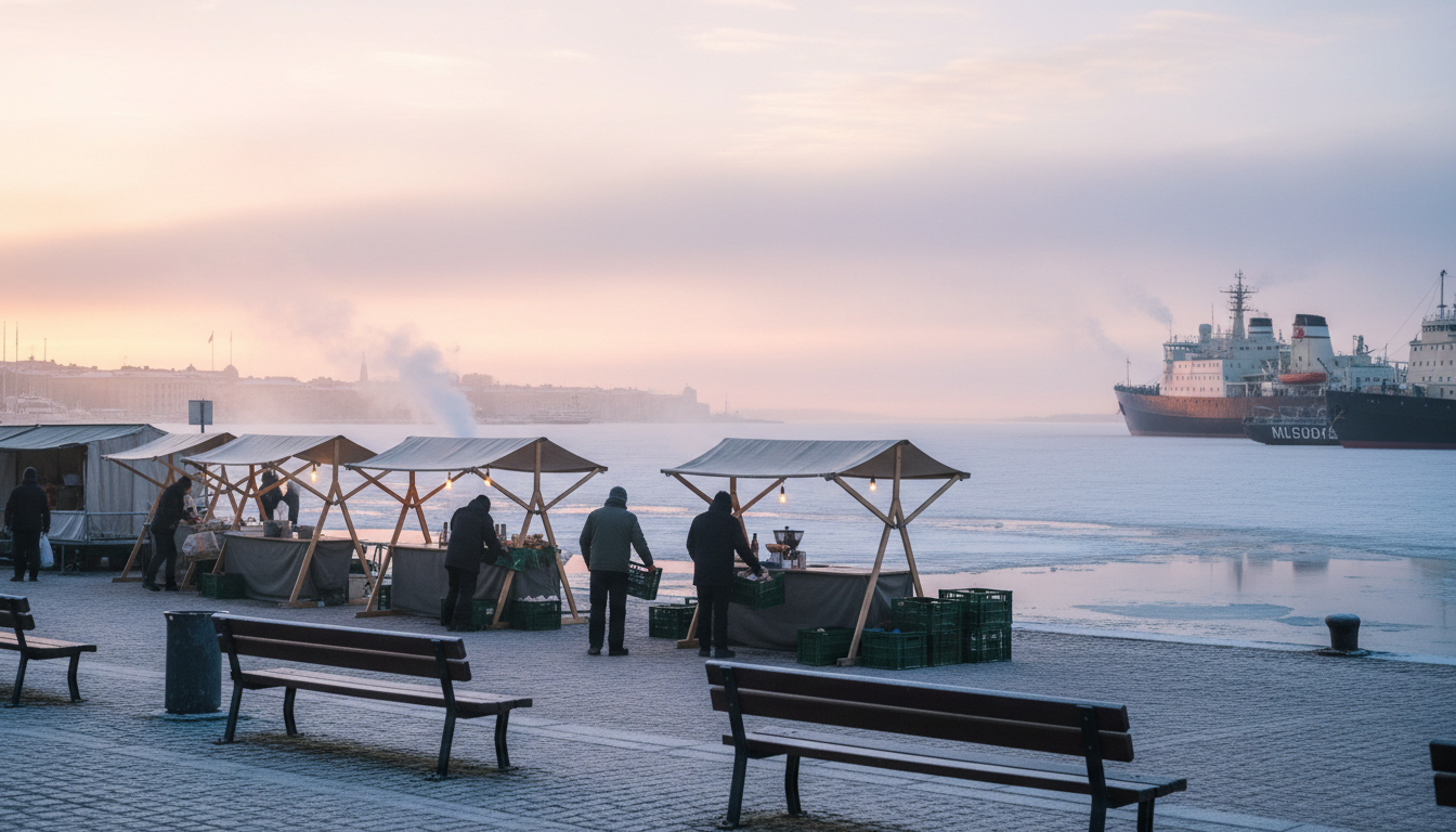 Early morning winter scene on Helsinkis Kauppatori harbor, with market stalls setting up, steam risi