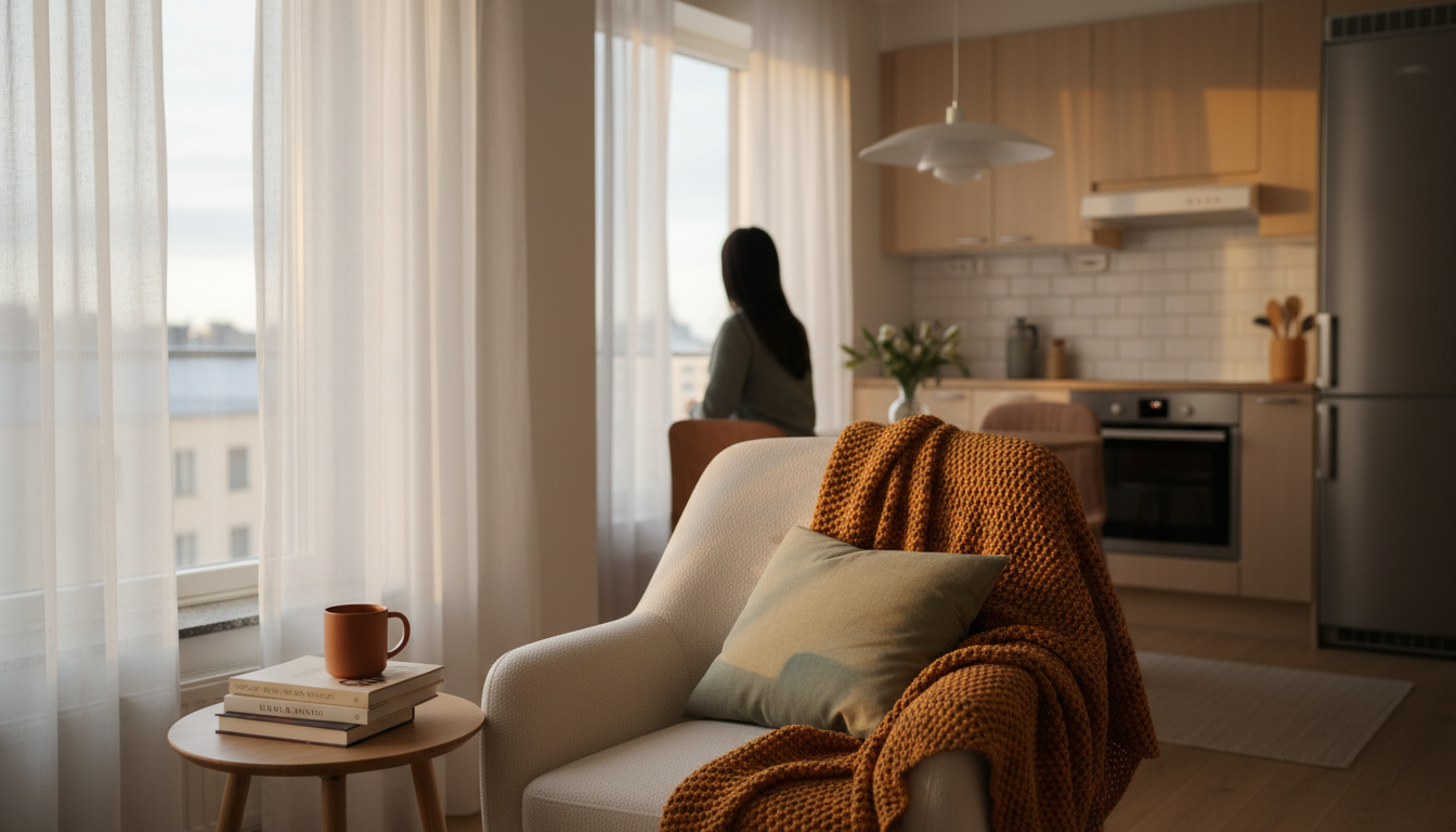 Interior of a typical Helsinki apartment showing minimalist Scandinavian design, large windows with