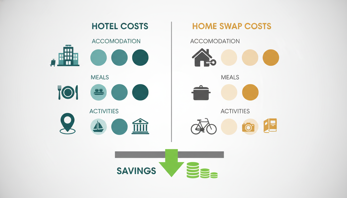 Split comparison infographic showing hotel costs vs home swap costs for a 7-night Helsinki stay, inc