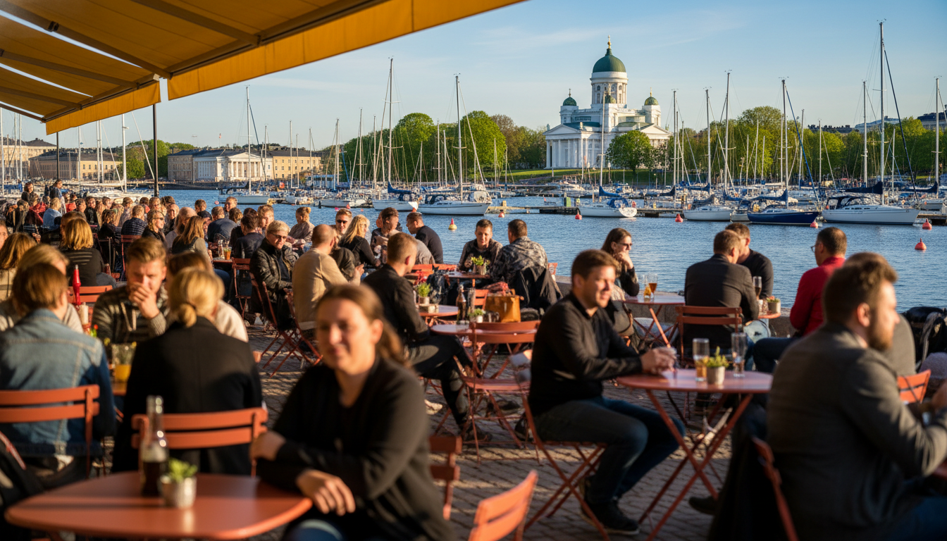 Helsinki waterfront in late spring with locals enjoying outdoor cafes, boats in the harbor, and the