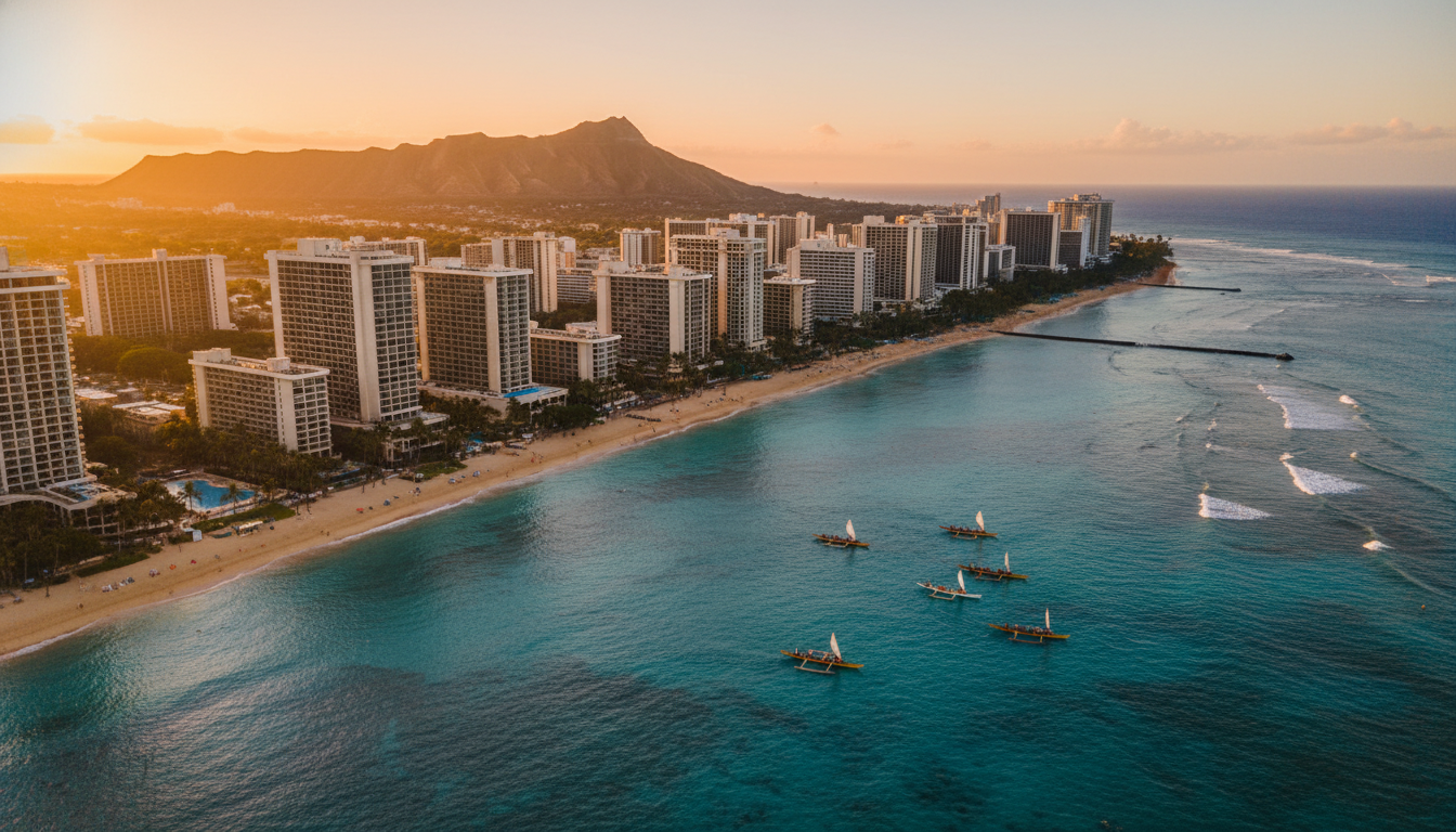 aerial view of Waikiki Beach at golden hour with Diamond Head crater in the background, high-rise co