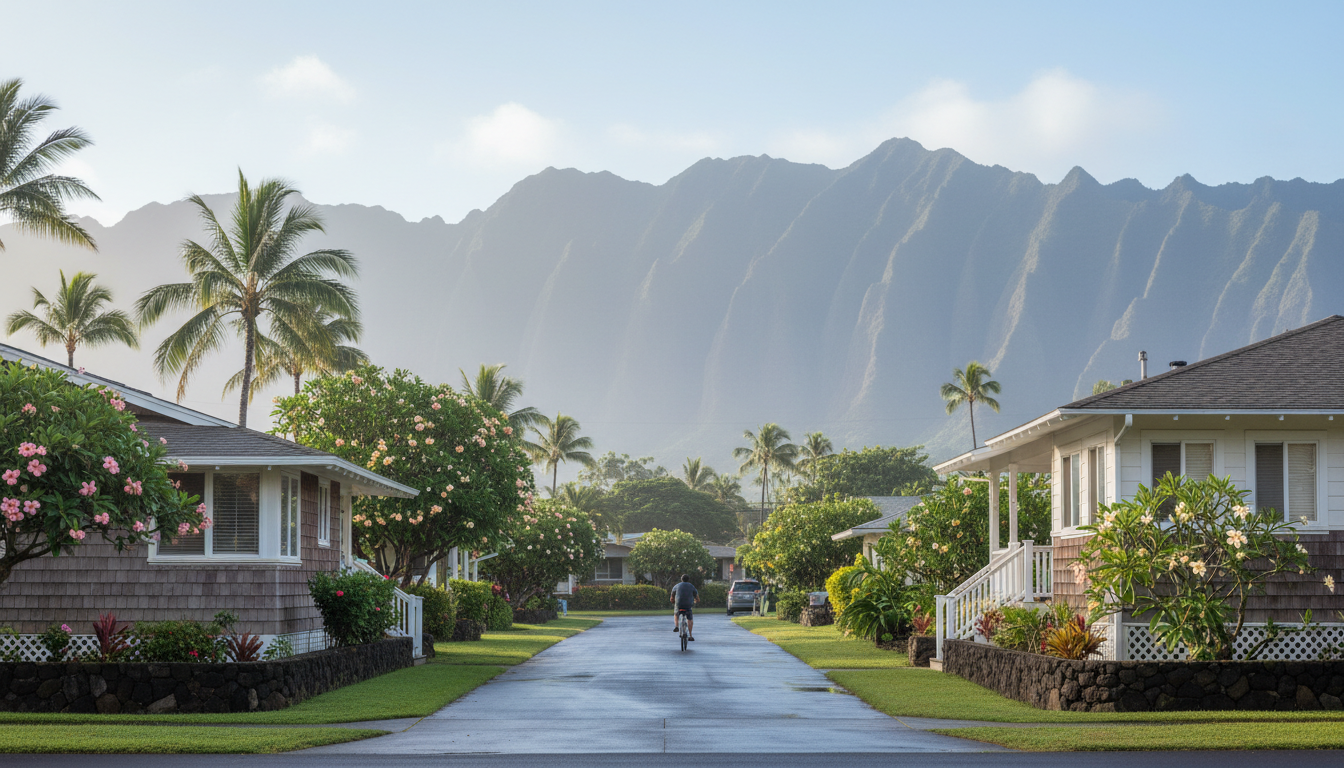 quiet residential street in Kailua with modest beach bungalows, tropical gardens, and a glimpse of t