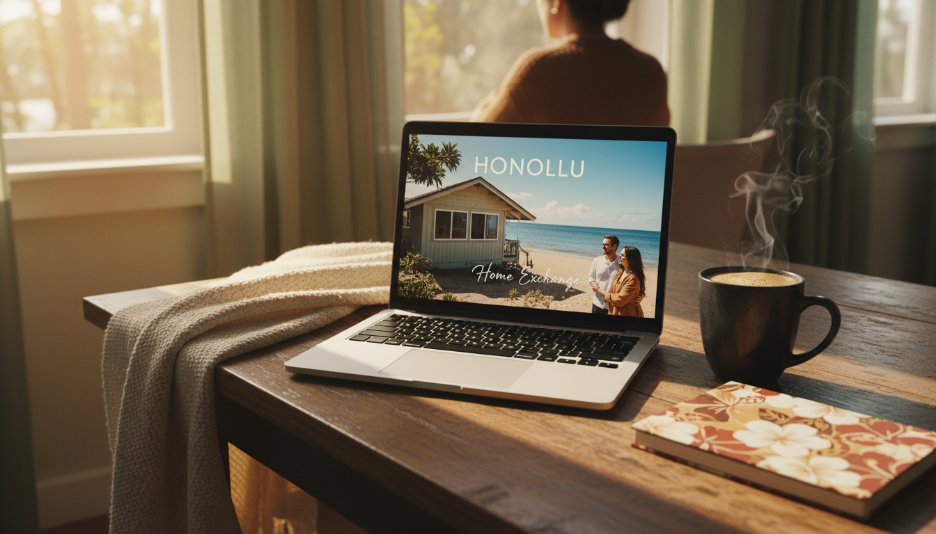 laptop open on a wooden table showing a home exchange listing, with a cup of Kona coffee and a Hawai
