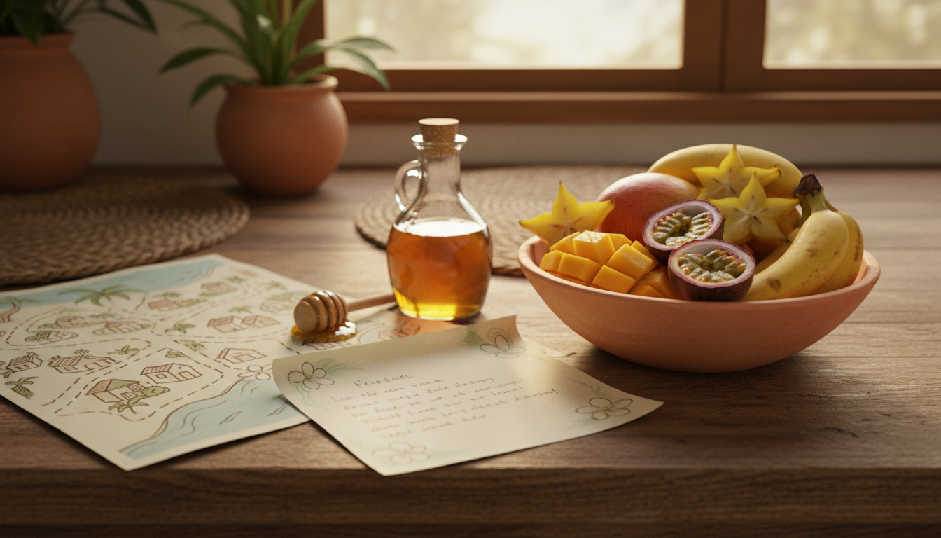 handwritten welcome note on a kitchen counter next to a bowl of fresh tropical fruit, a bottle of lo