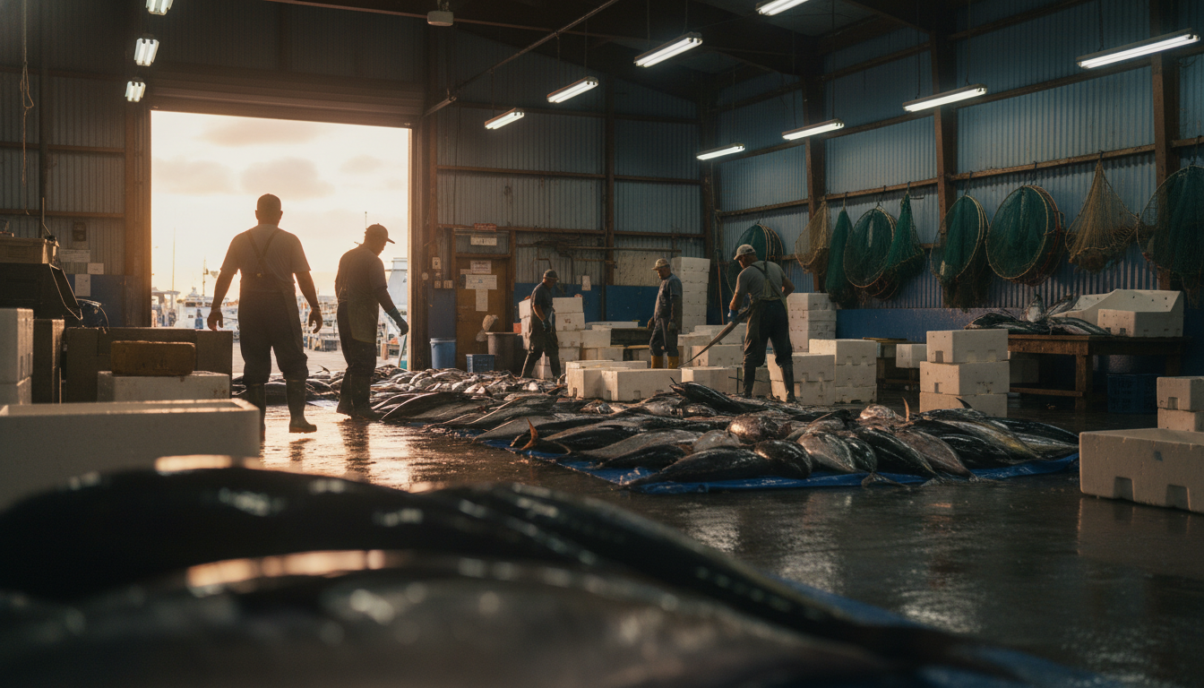 early morning at a local Honolulu fish auction, weathered fishermen sorting the catch, fluorescent l