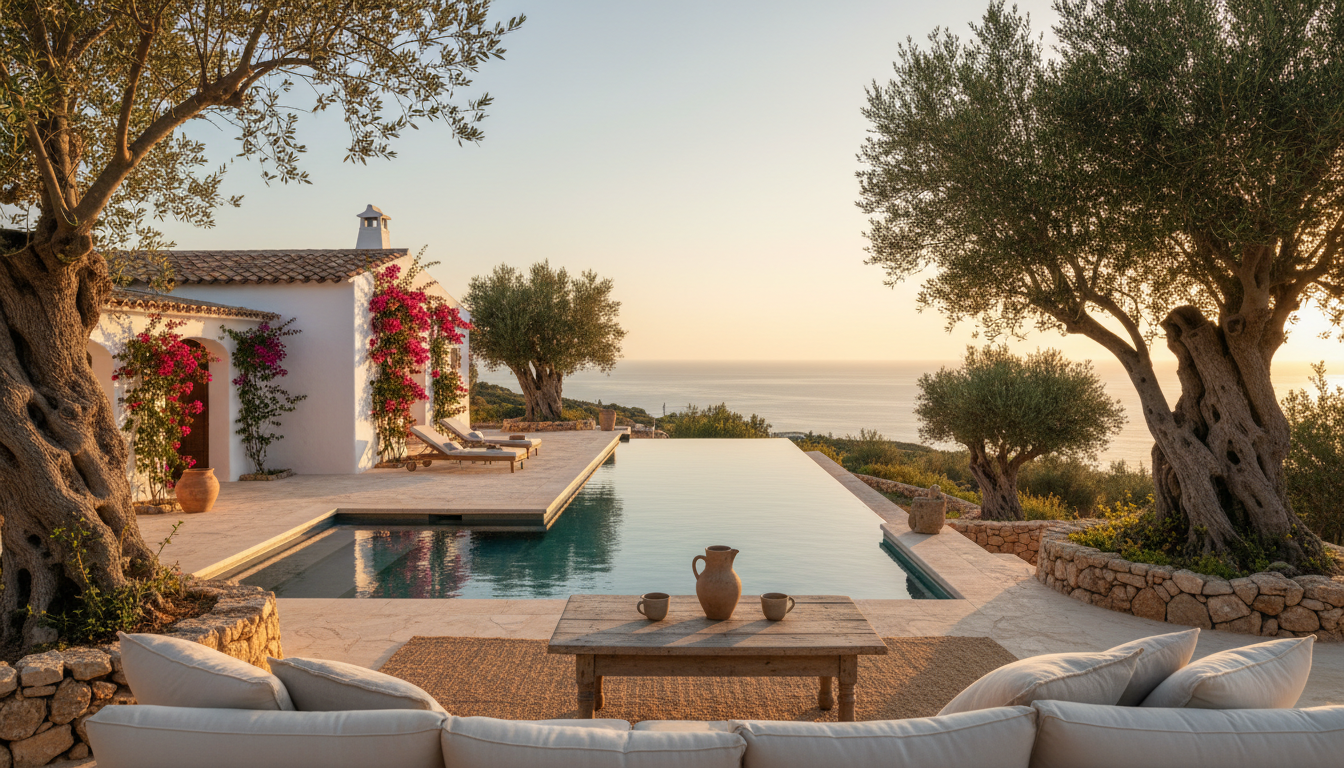 whitewashed Ibizan finca with terracotta roof surrounded by olive trees and bougainvillea, infinity