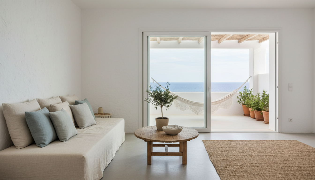 bright, minimalist Ibiza apartment interior with white walls, natural linen textiles, and a terrace
