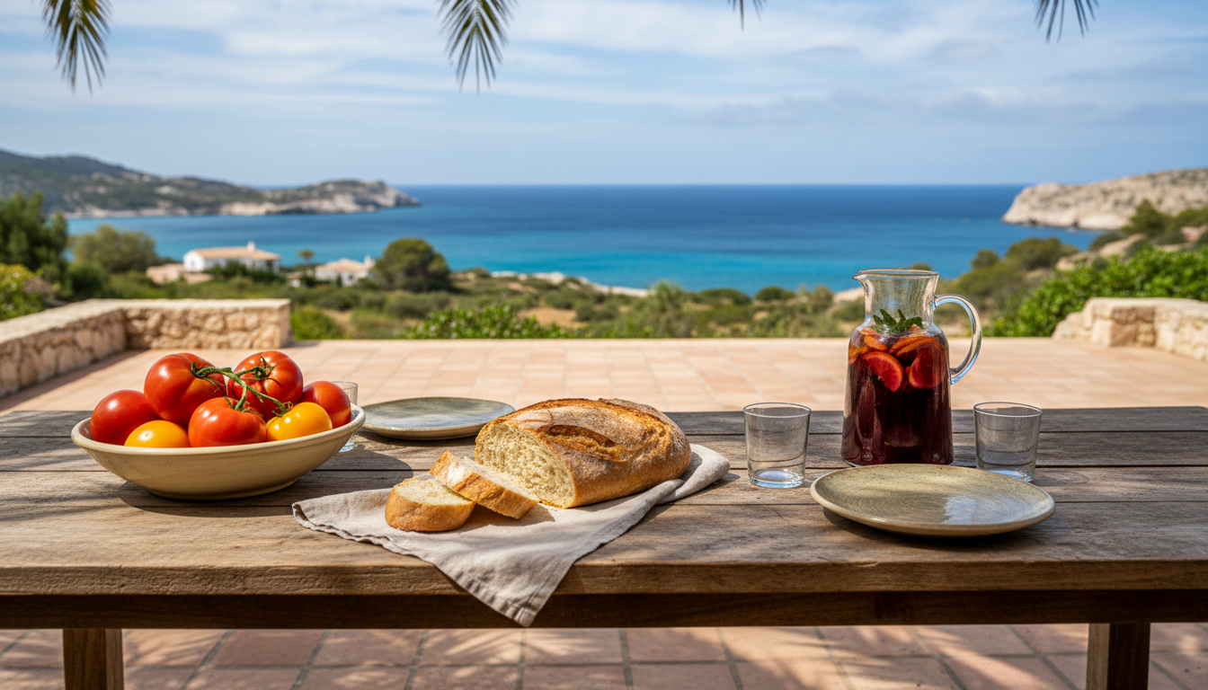 rustic wooden table on a shaded terrace set with local tomatoes, fresh bread, and a carafe of sangri