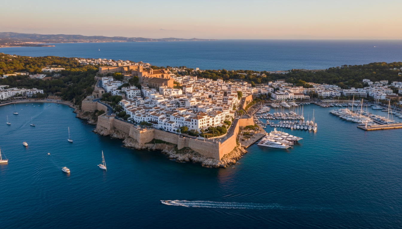 aerial view of Ibiza Towns Dalt Vila with white buildings cascading down to the harbor, luxury yacht