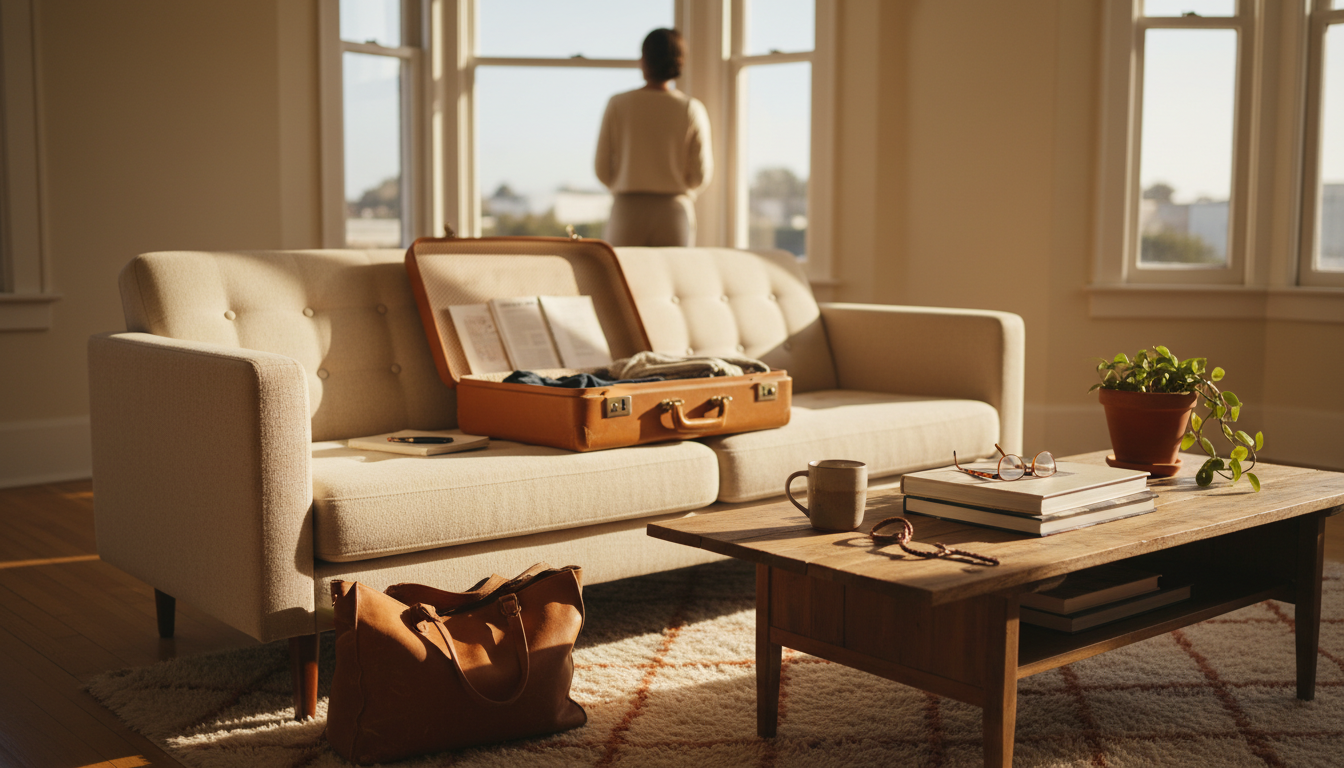 A cozy San Francisco apartment interior with morning light streaming through bay windows, a suitcase