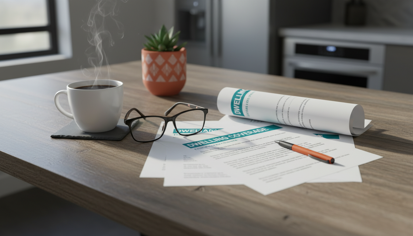 A close-up of insurance policy documents spread on a kitchen table with a cup of coffee and reading