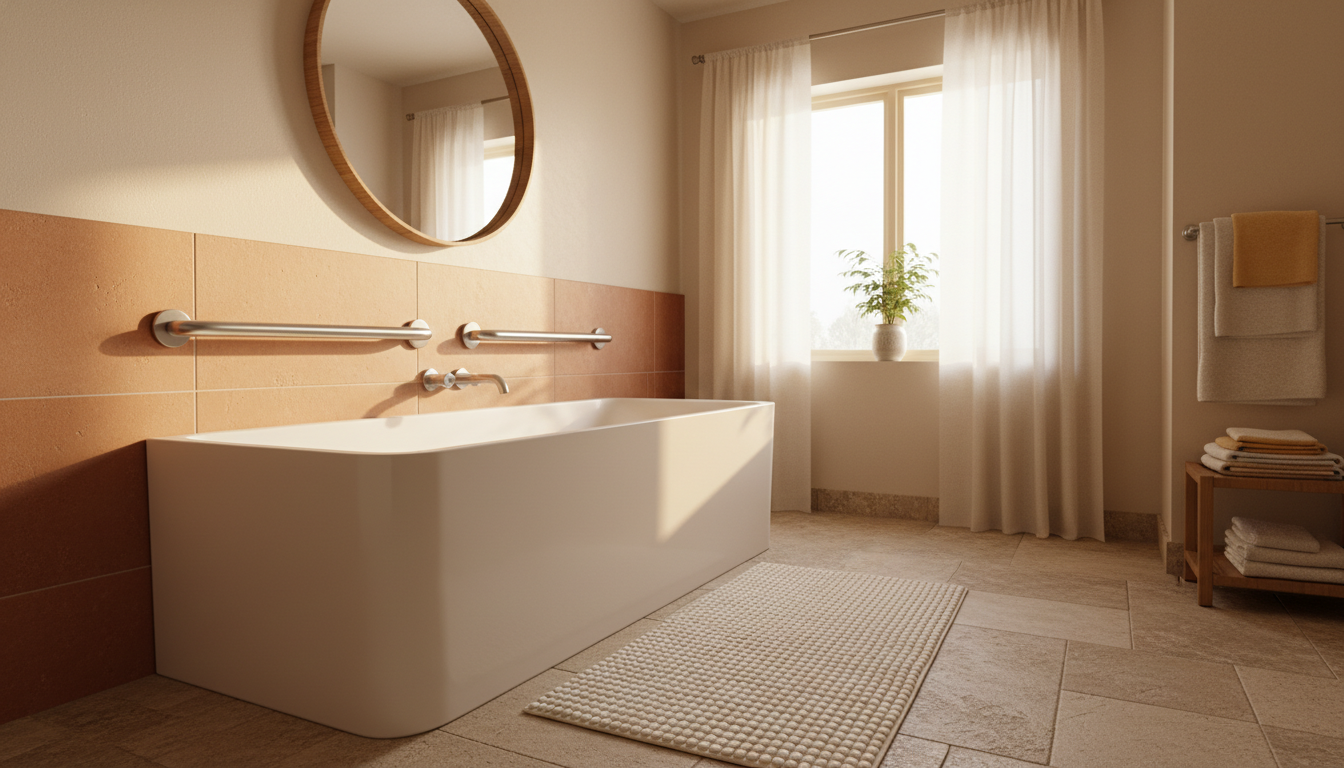 A bright, well-maintained bathroom with non-slip bath mat, good lighting, and safety grab bar near t