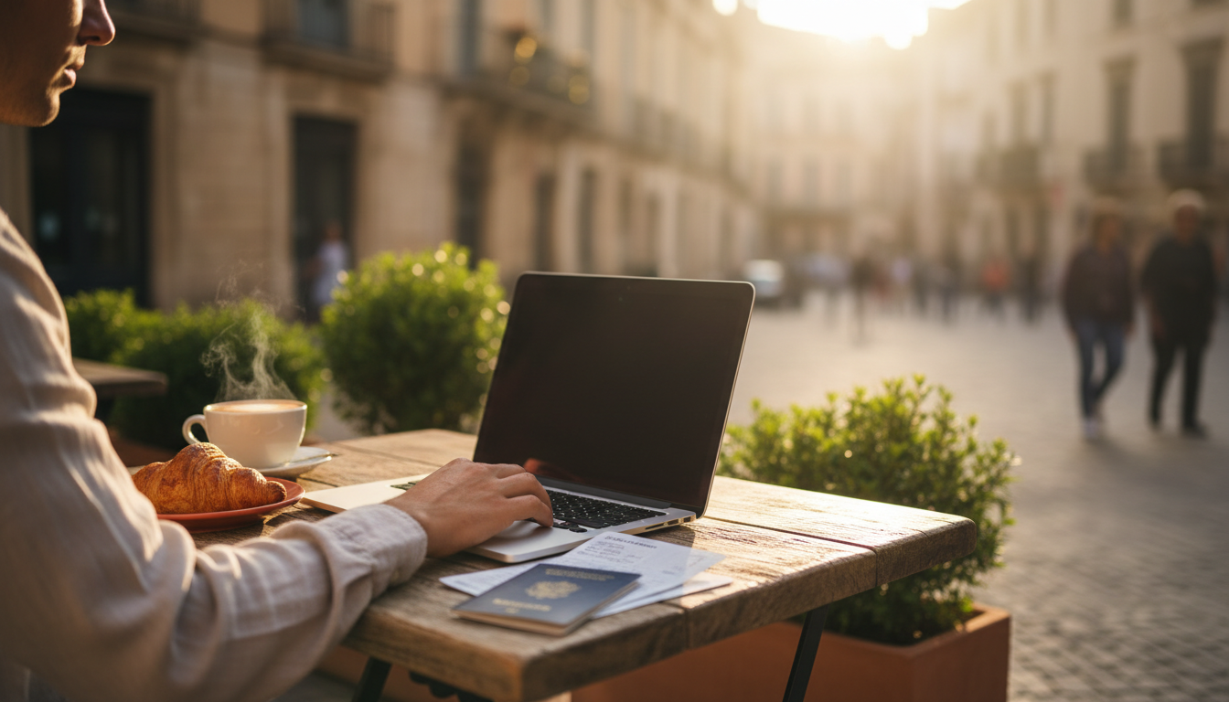 A traveler reviewing documents on a laptop at a sunny caf terrace in a European city, with a coffee