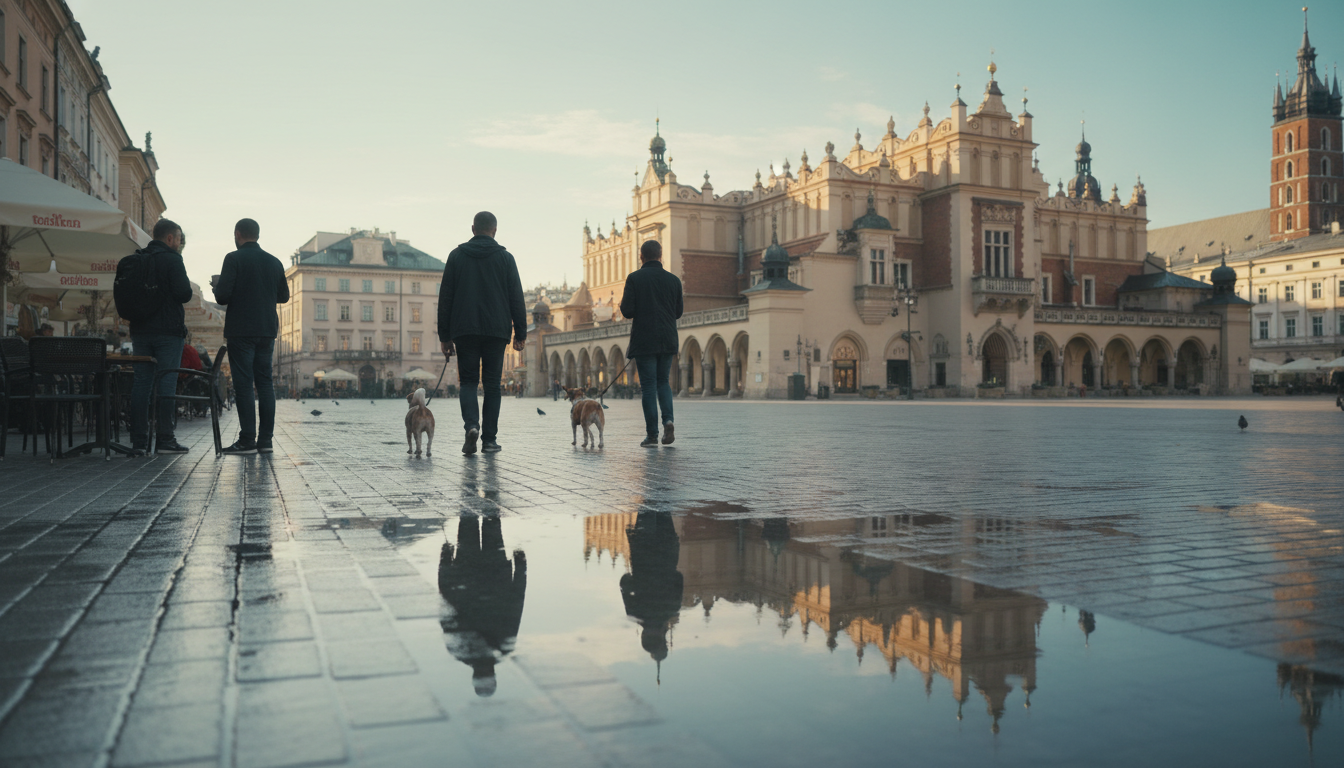 Krakows Rynek Gwny Main Market Square at golden hour with the Cloth Hall in the center, cobblestones