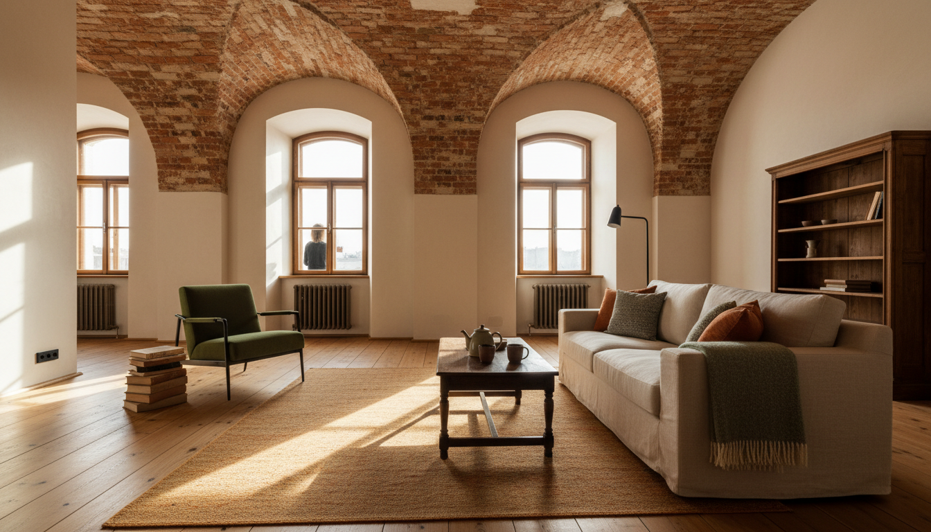 Interior of a traditional Krakow apartment with high vaulted ceilings, exposed brick walls, a mix of