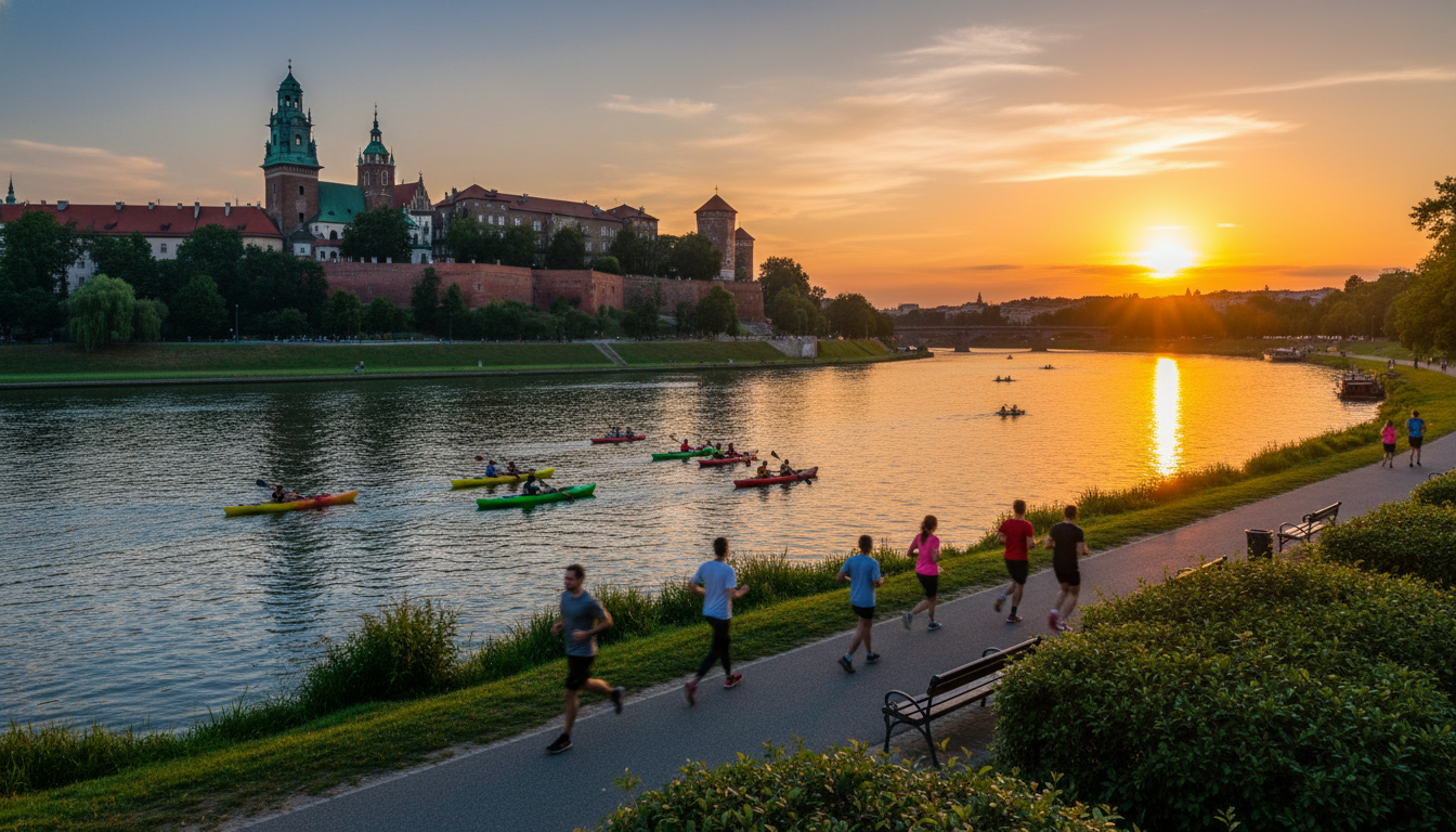 View from Podgrze looking across the Vistula River toward Wawel Castle at sunset, with locals joggin