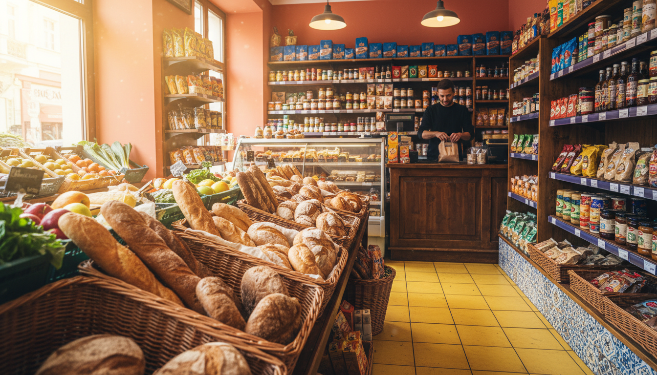 Interior of a small Krakow grocery store with shelves of Polish products, fresh bread in baskets, an