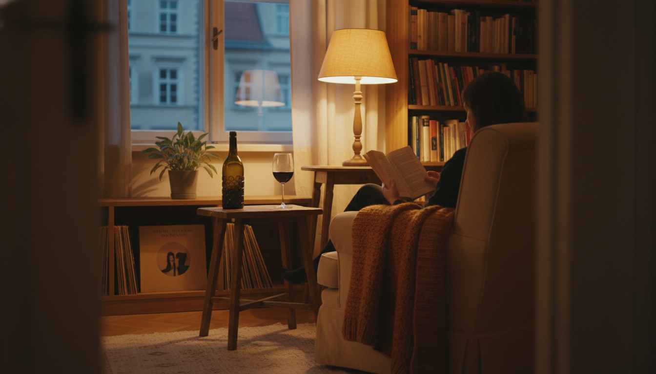 Cozy evening scene in a Krakow apartment with a person reading by lamplight, a glass of Polish wine