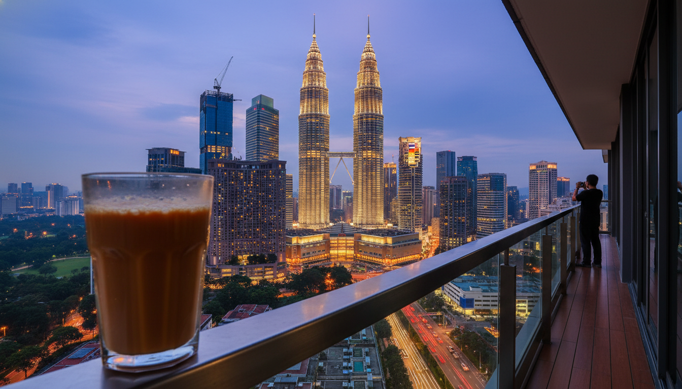 Panoramic view of Kuala Lumpur skyline at dusk with Petronas Towers illuminated, shot from a high-ri