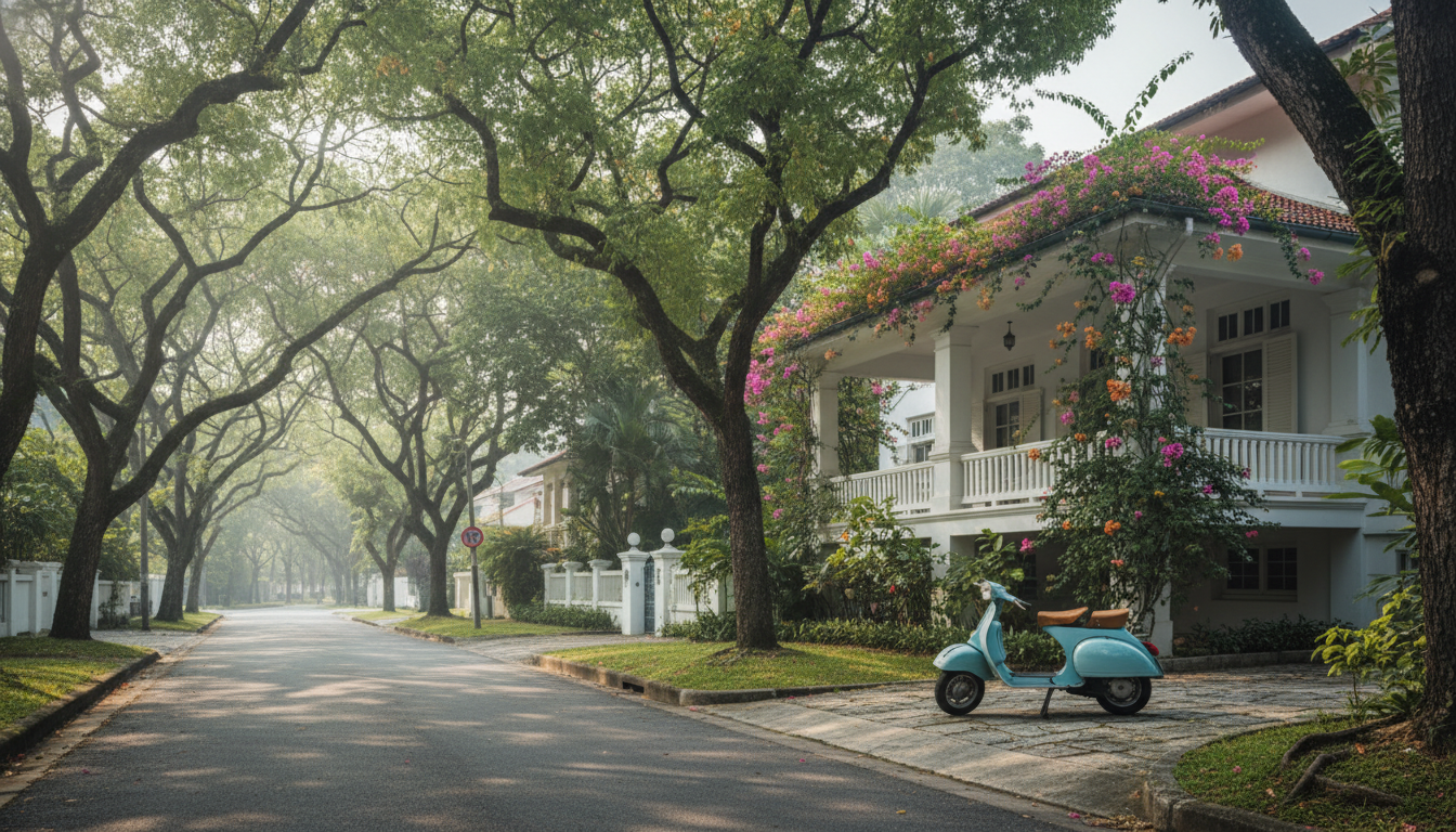 Tree-lined street in Bangsar with colonial-era bungalow featuring a wraparound veranda, tropical gar