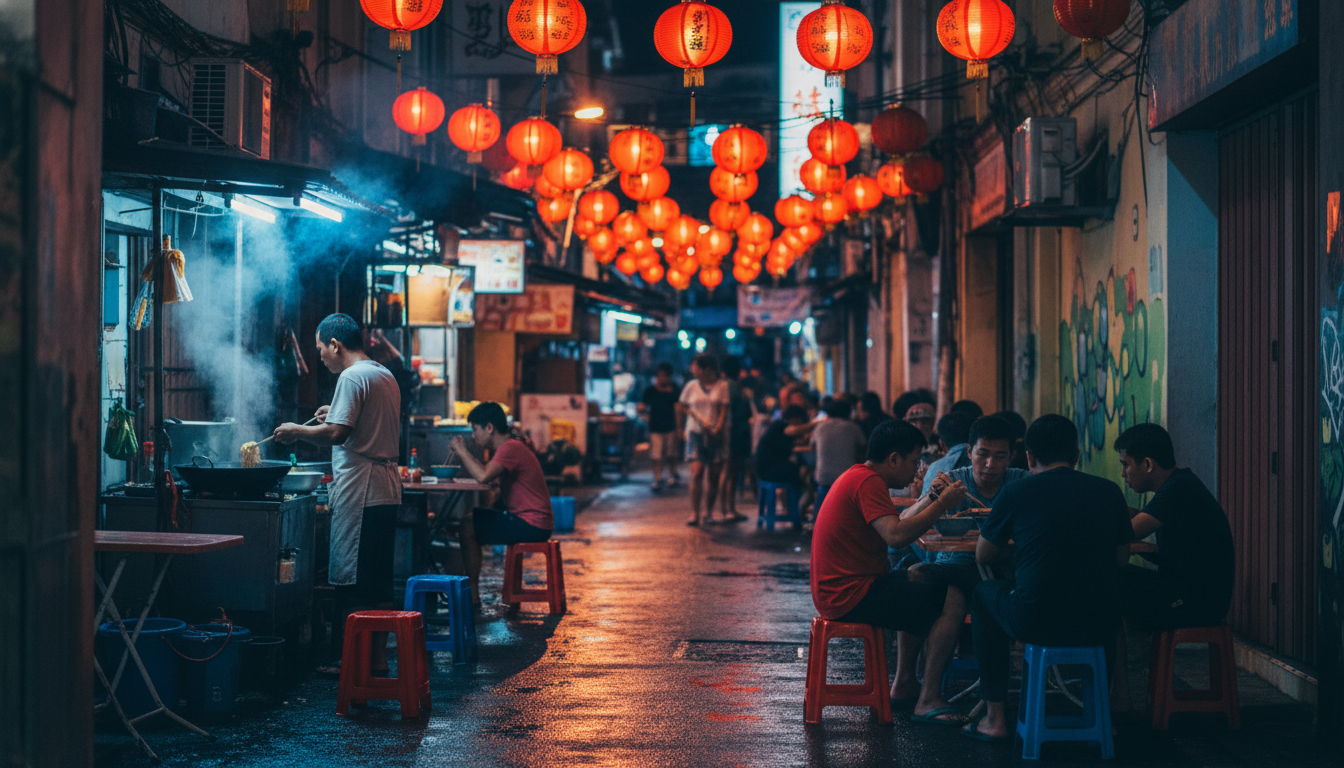Narrow alley in Chinatown at night with red lanterns overhead, steam rising from a noodle stall, and