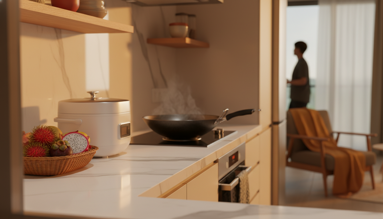 Interior of a bright, modern KL apartment kitchen with marble countertops, a rice cooker, wok on the
