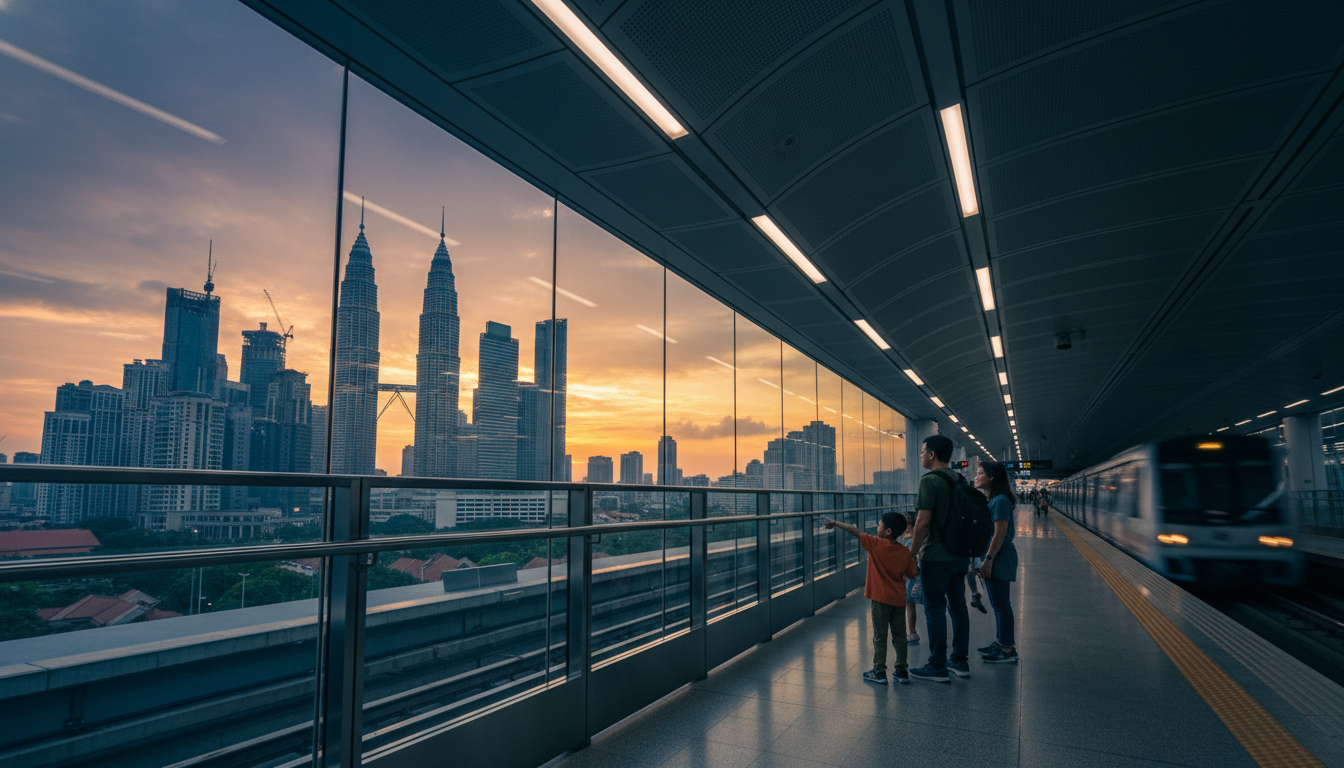 Inside a modern KL MRT station with sleek design, a local family waiting on the platform, and throug