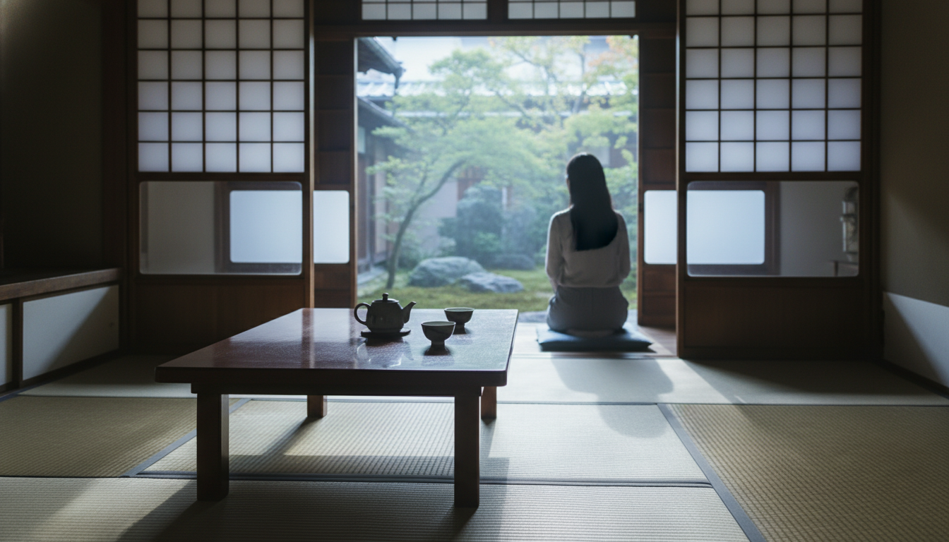 Morning light filtering through shoji screens in a traditional Kyoto machiya, tatami floors visible,