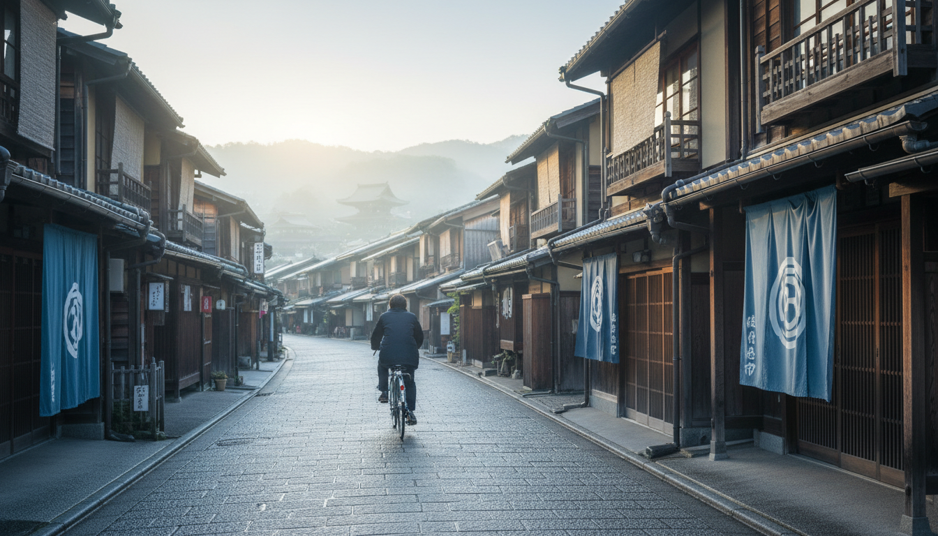 Early morning on a quiet Higashiyama street, traditional wooden buildings with noren curtains, a sin